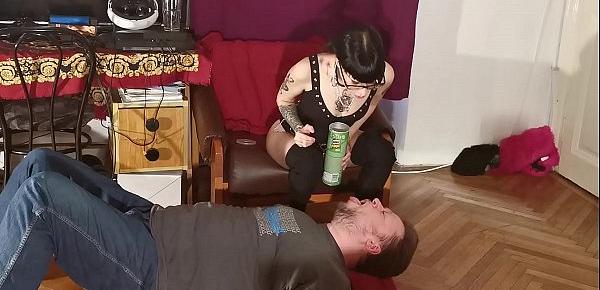  Slim goth domina feeding her slave mouth to mouth pt1 HD